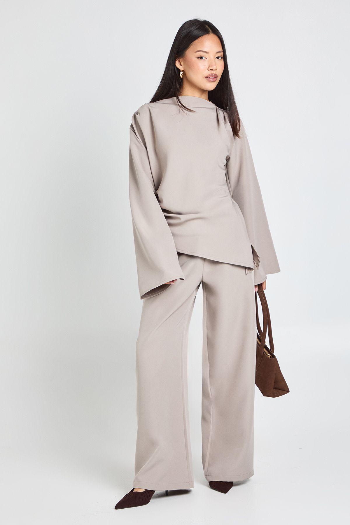 Petite Draped Asymmetric Top & Wide Leg Trouser Co-ord by BOOHOO