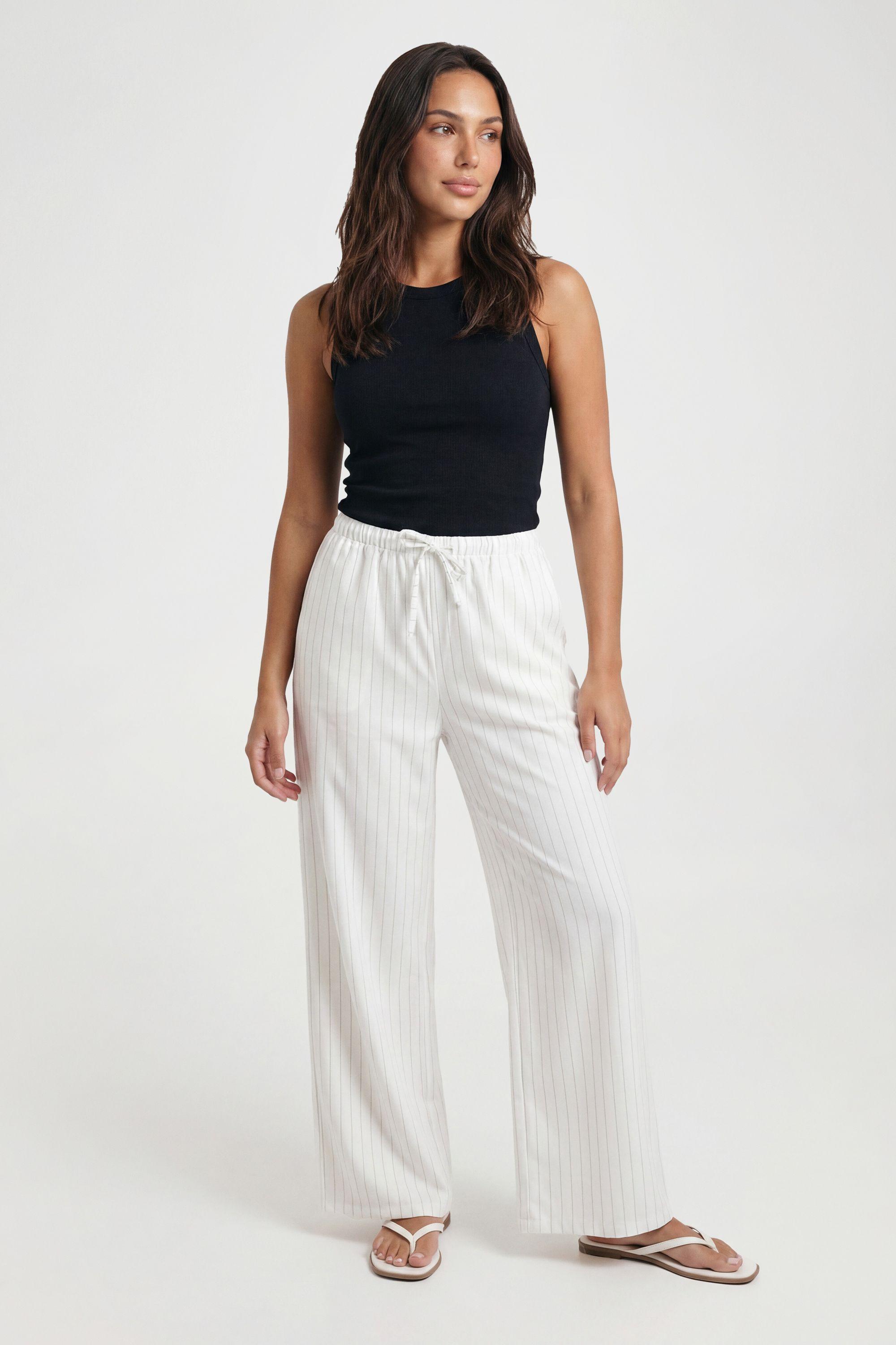 Petite Drawstring Stripe Wide Leg Trousers by BOOHOO