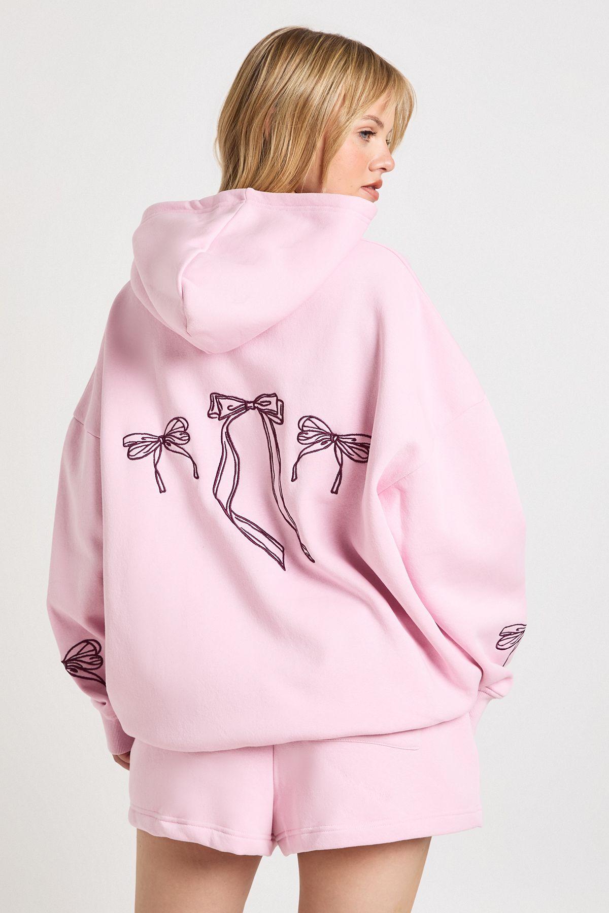 Petite Embroidered Bow Hooded Short Tracksuit by BOOHOO