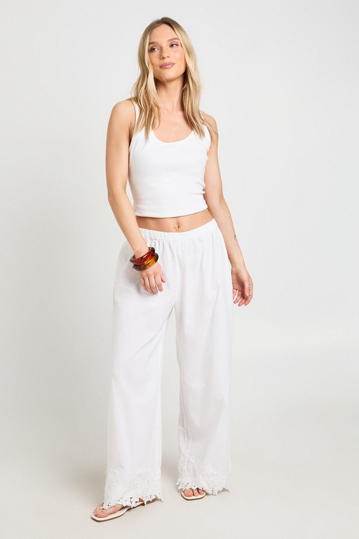 Petite Embroidered Trim Wide Leg Trouser by BOOHOO