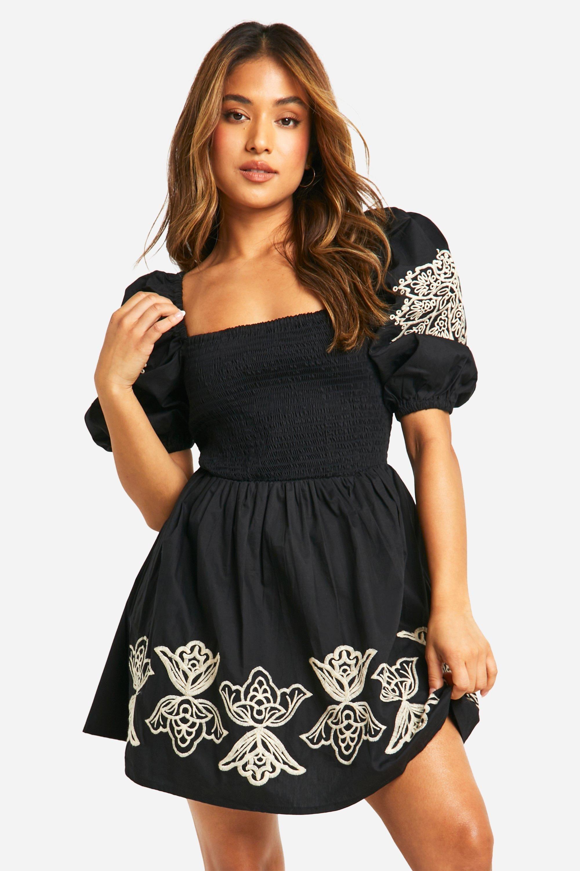 Petite Embroidery Puff Sleeve Mini Dress by BOOHOO