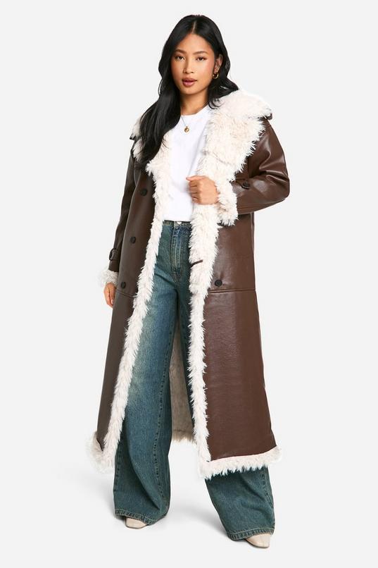 Petite Faux Leather Longline Coat by BOOHOO