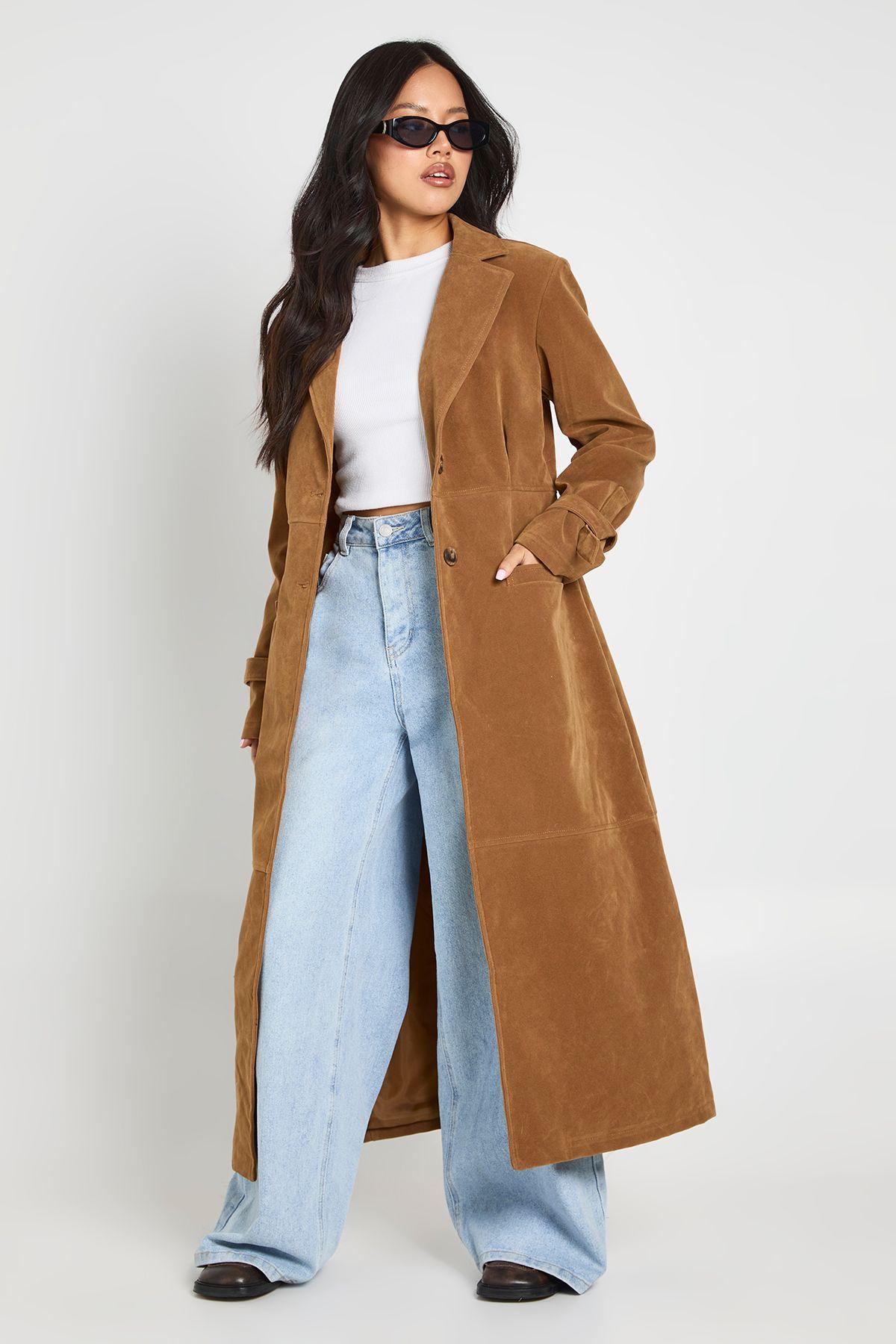 Petite Faux Suede Cinched Longline Coat by BOOHOO