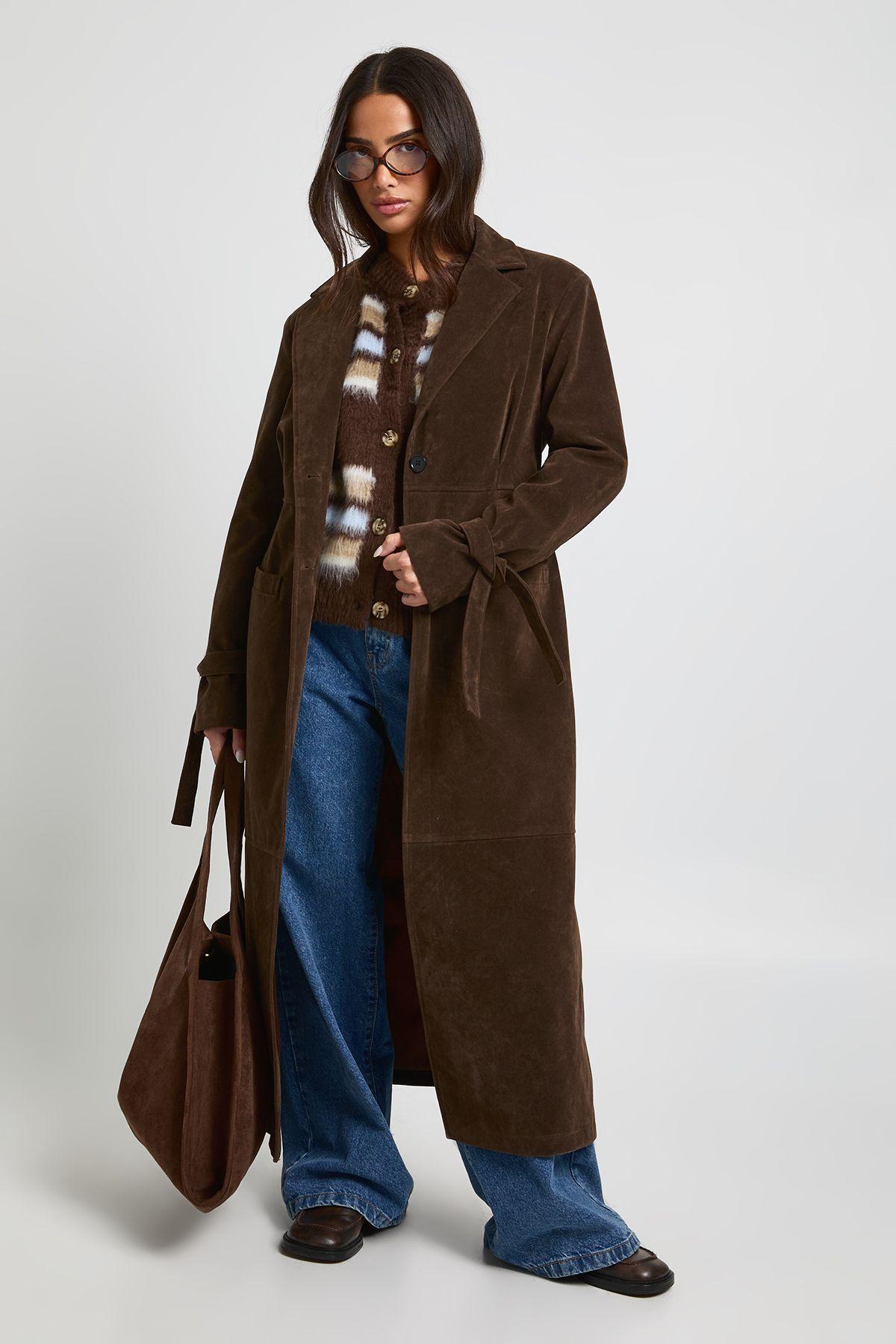 Petite Faux Suede Cinched Longline Coat by BOOHOO
