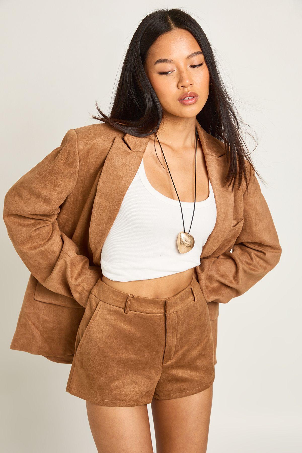 Petite Faux Suede Tailored Mini Shorts by BOOHOO Petite Faux Suede Tailored Mini Shorts by BOOHOO