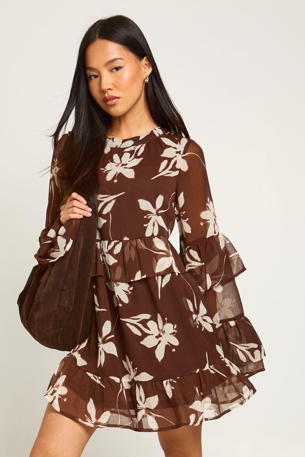 Petite Floral Chiffon Ruffle Smock Dress by BOOHOO