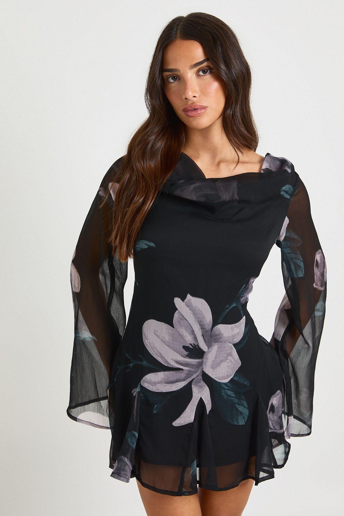 Petite Floral Long Sleeve Chiffon Mini Dress by BOOHOO