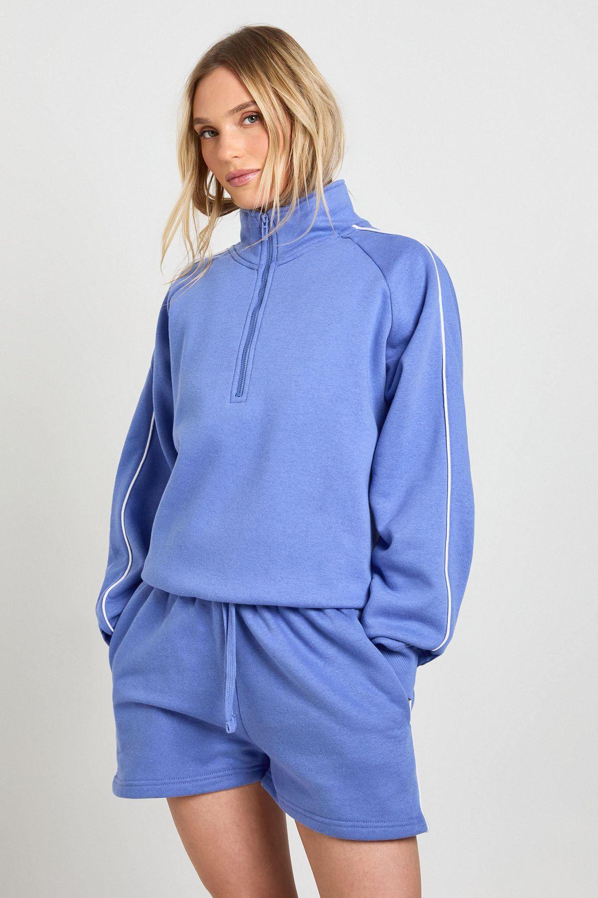 Petite Half Zip Sweatshirt Piping Detail Short Tracksuit by BOOHOO
