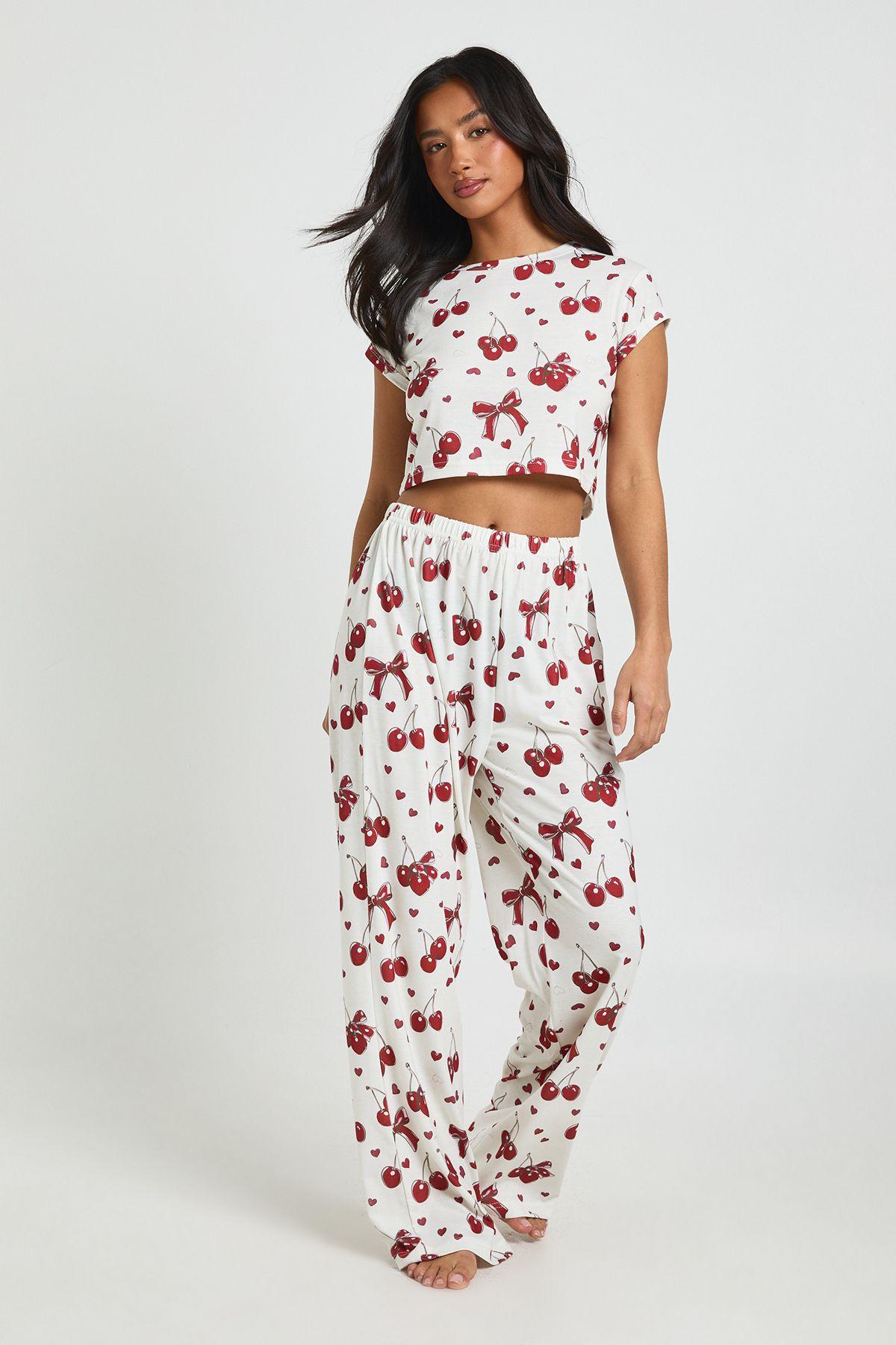 Petite Heart and Cherry Print Cami & Trouser Pyjama Set by BOOHOO