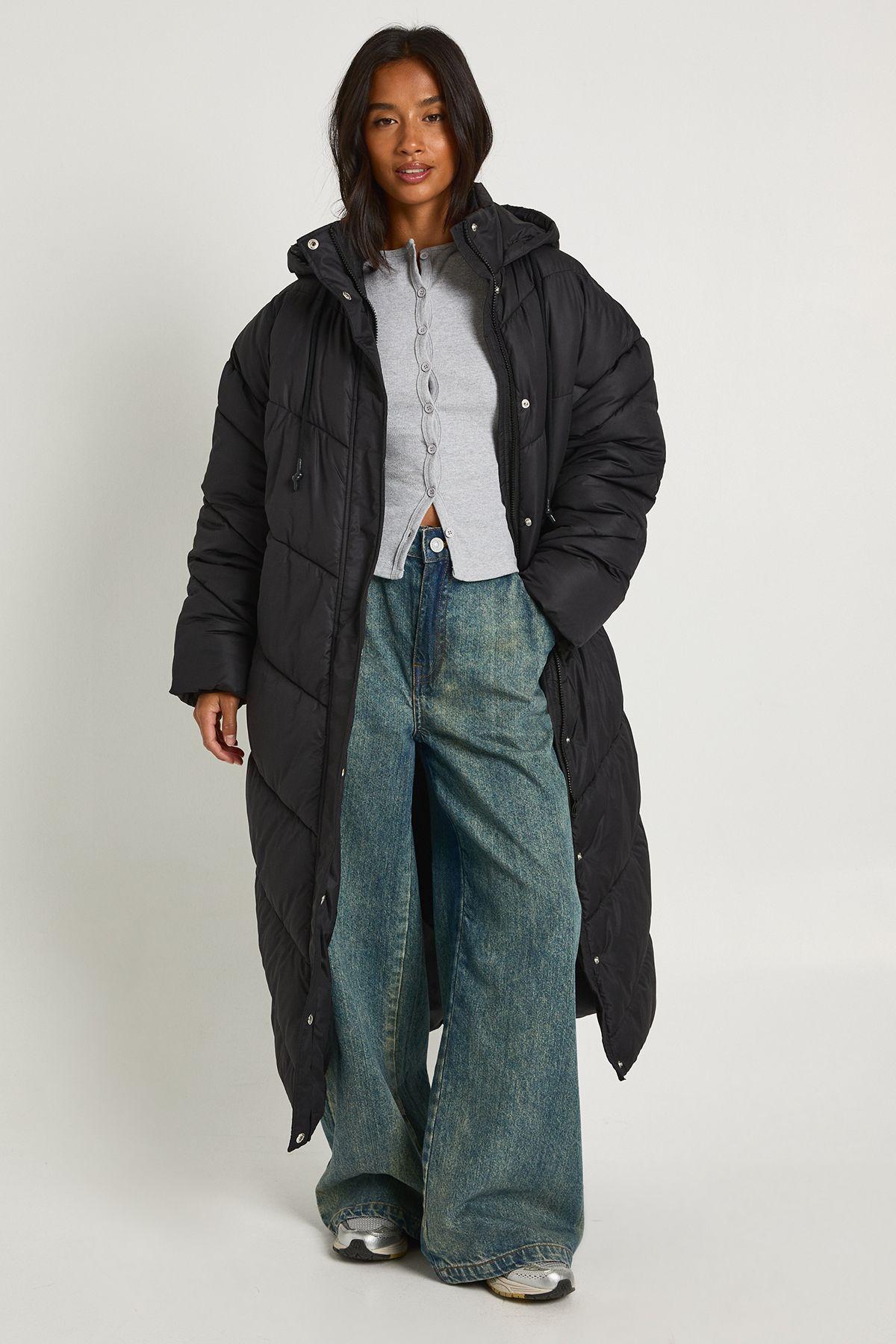 Petite Hooded Quilt Detail Maxi Puffer by BOOHOO