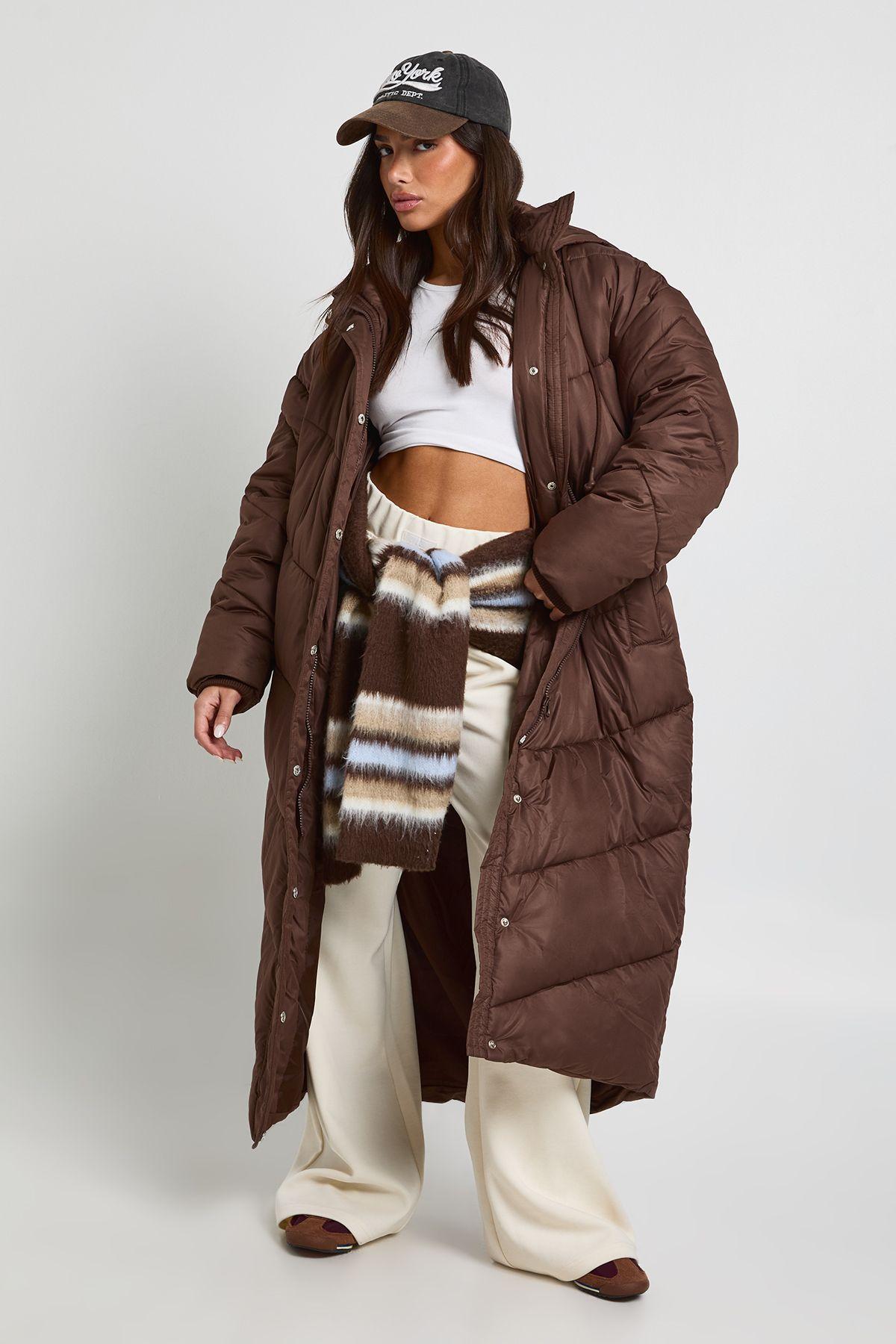 Petite Hooded Quilt Detail Maxi Puffer by BOOHOO