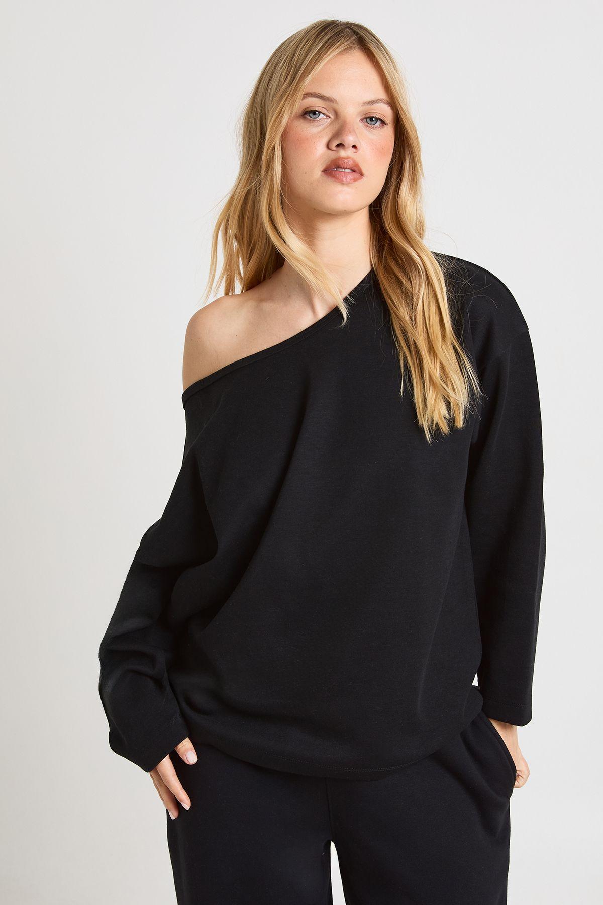 Petite Interlock Off Shoulder Sweatshirt by BOOHOO