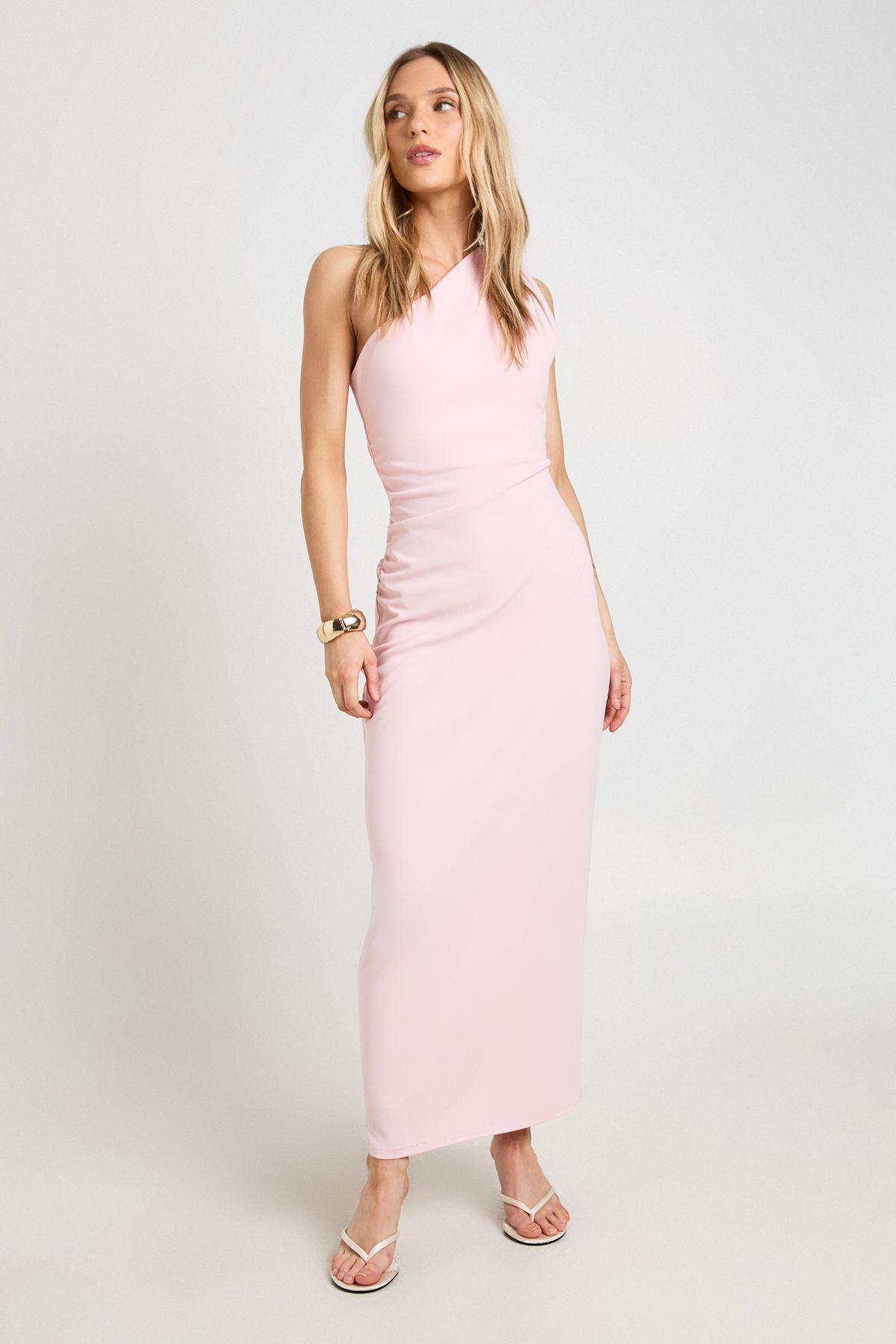 Petite Jersey Crepe One Shoulder Ruched Midi Dress by BOOHOO