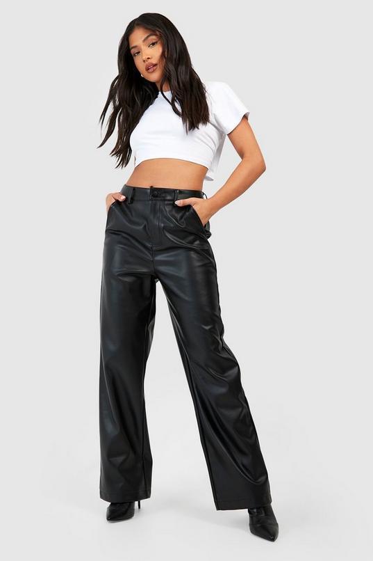 Petite Leather Look Relaxed Fit Straight Leg Trousers by BOOHOO
