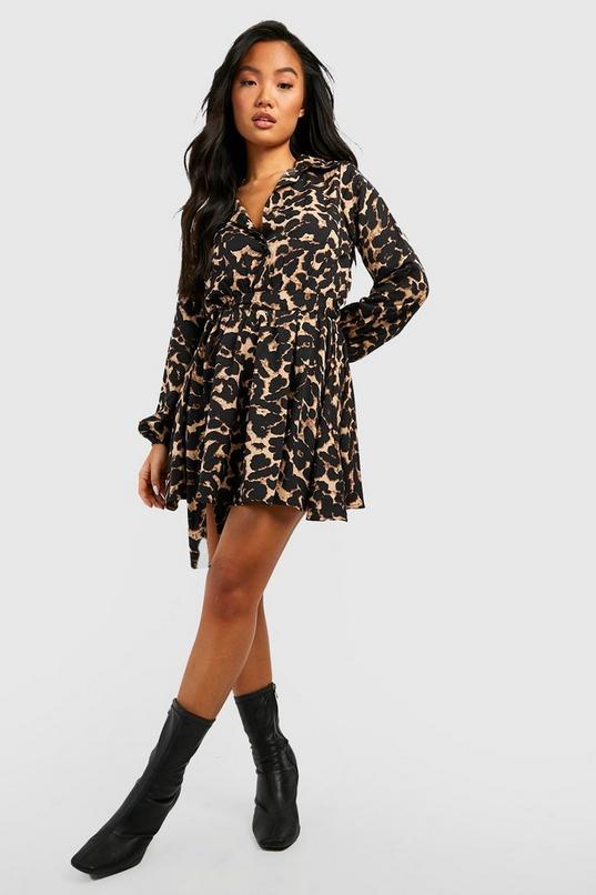 Petite Leopard Print Skater Shirt Dress by BOOHOO