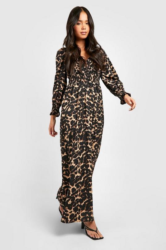 Petite Leopard Shirred Detail Maxi Dress by BOOHOO