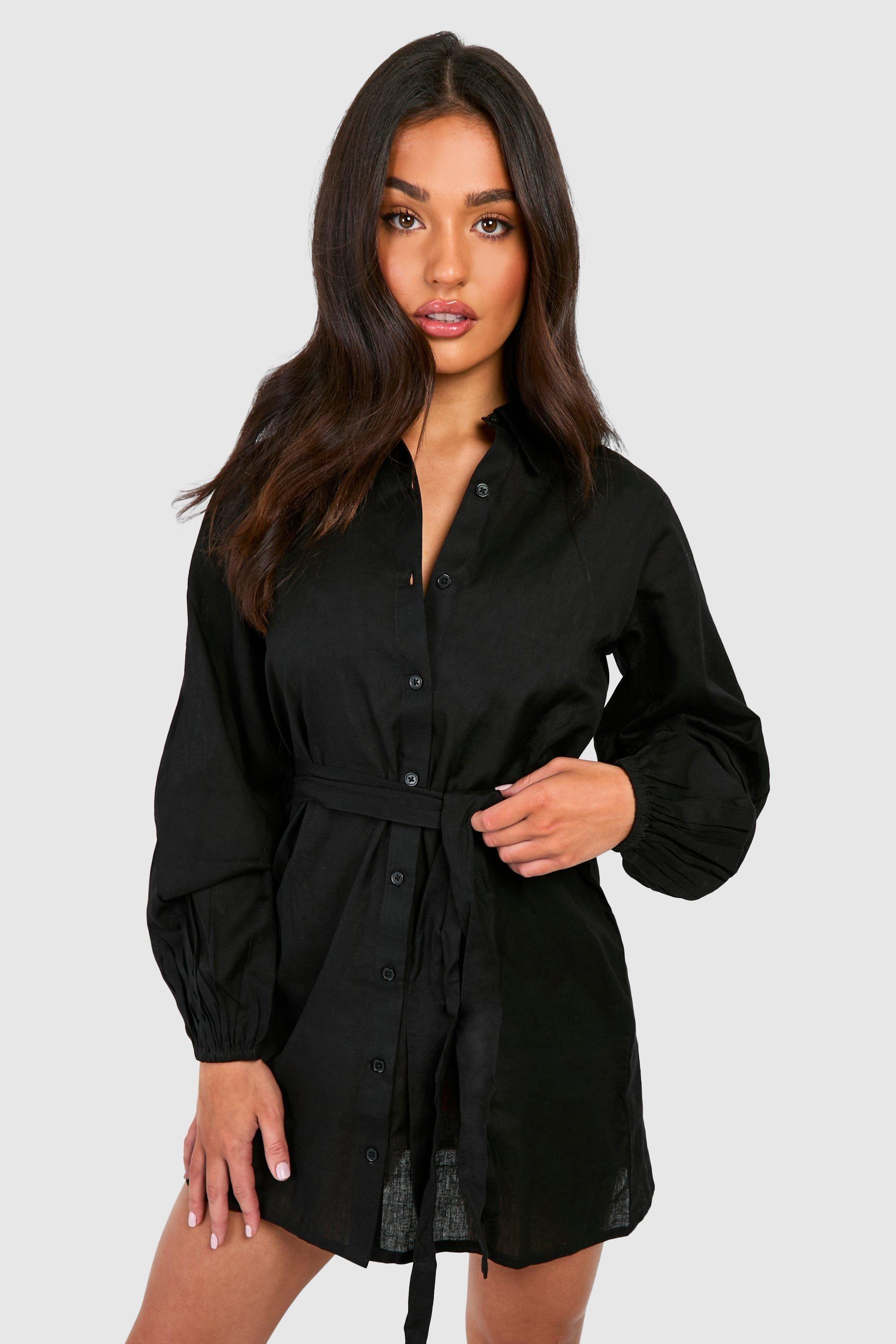 Petite Linen Look Belted Shirt Dress by BOOHOO
