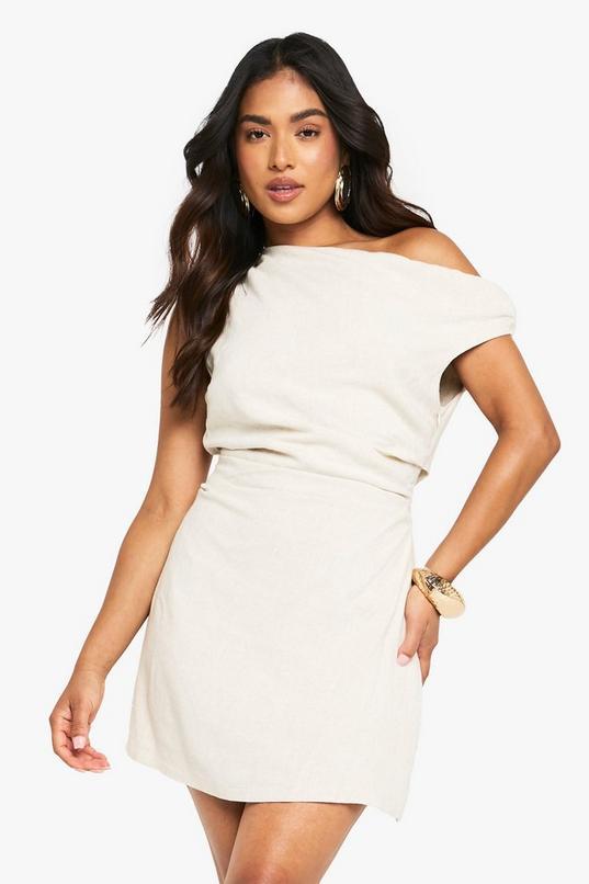 Petite Linen Look Drape Twist Strap Mini Dress by BOOHOO
