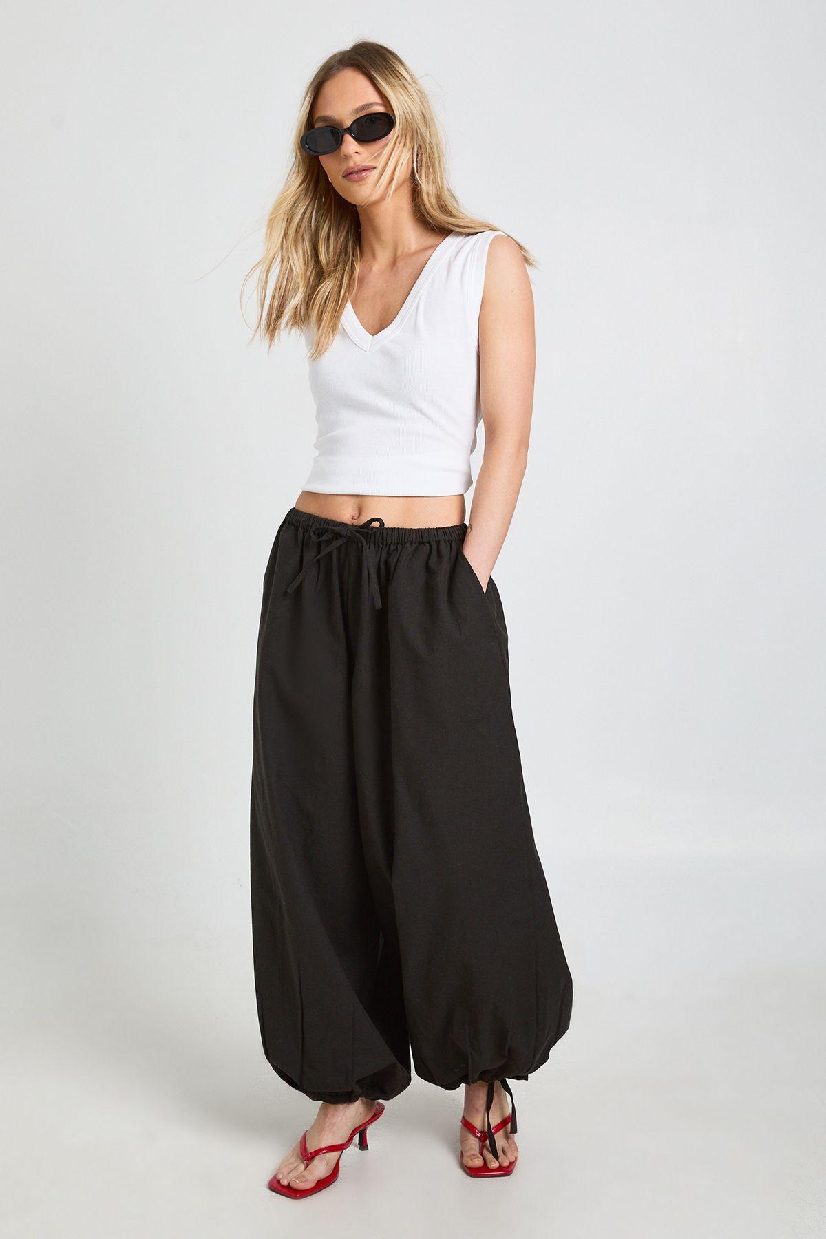 Petite Linen Look Tie Cuff Balloon Trousers by BOOHOO
