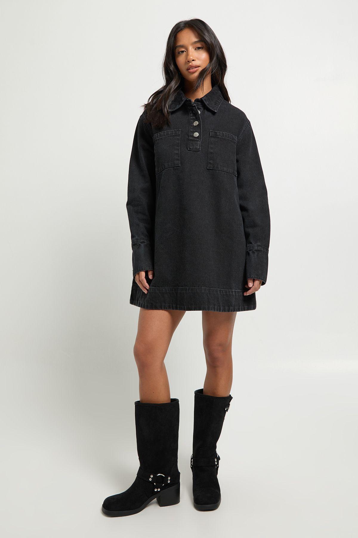 Petite Long Sleeve Denim Dress by BOOHOO