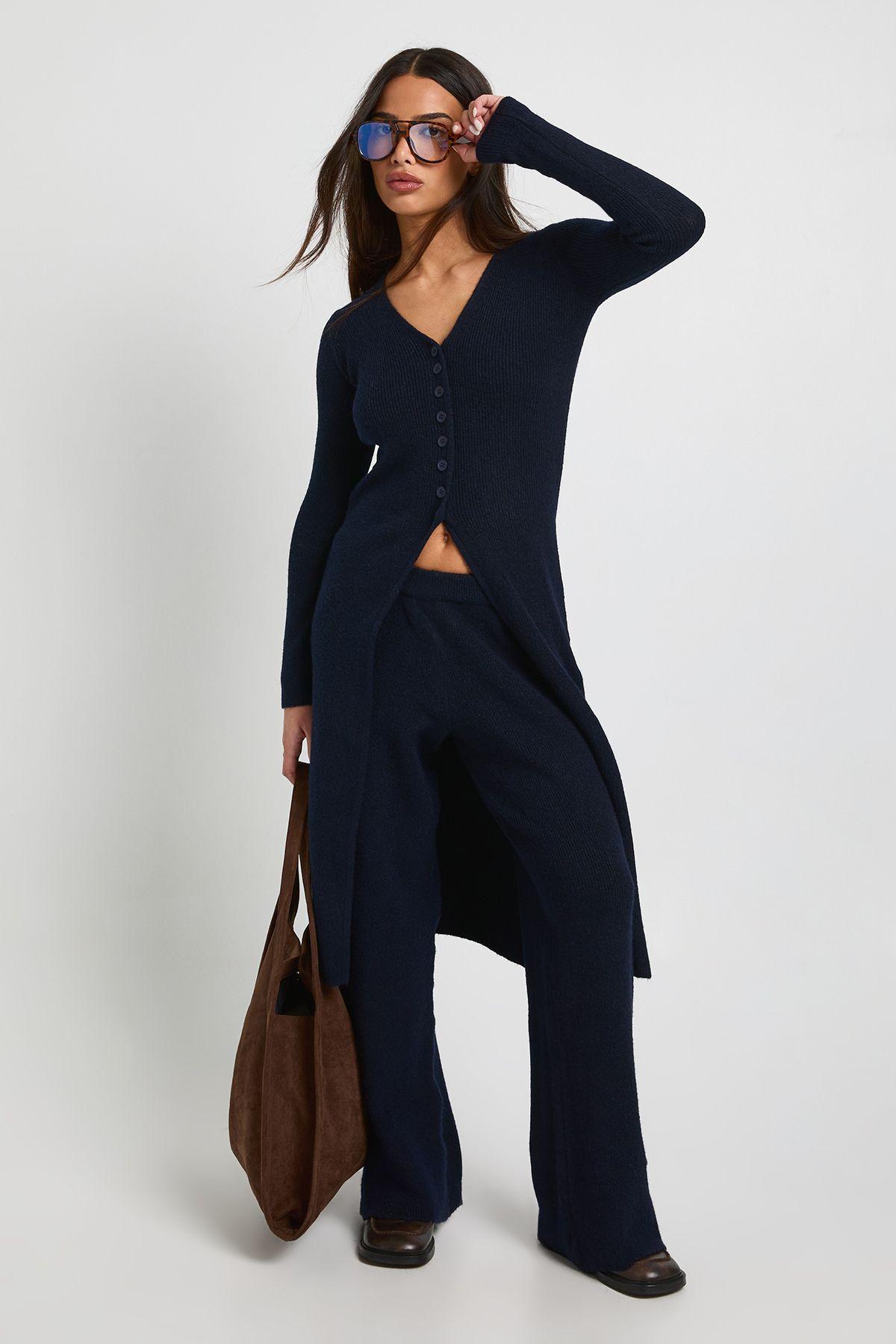 Petite Longline Button Cardigan and Wide Leg Trouser Co-Ord by BOOHOO