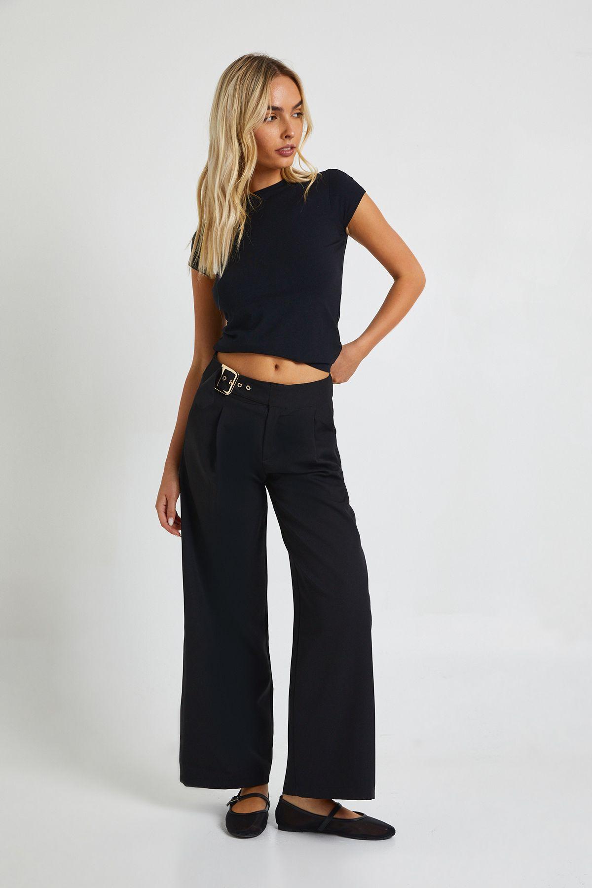 Petite Low Rise Belted Straight Leg Trousers by BOOHOO