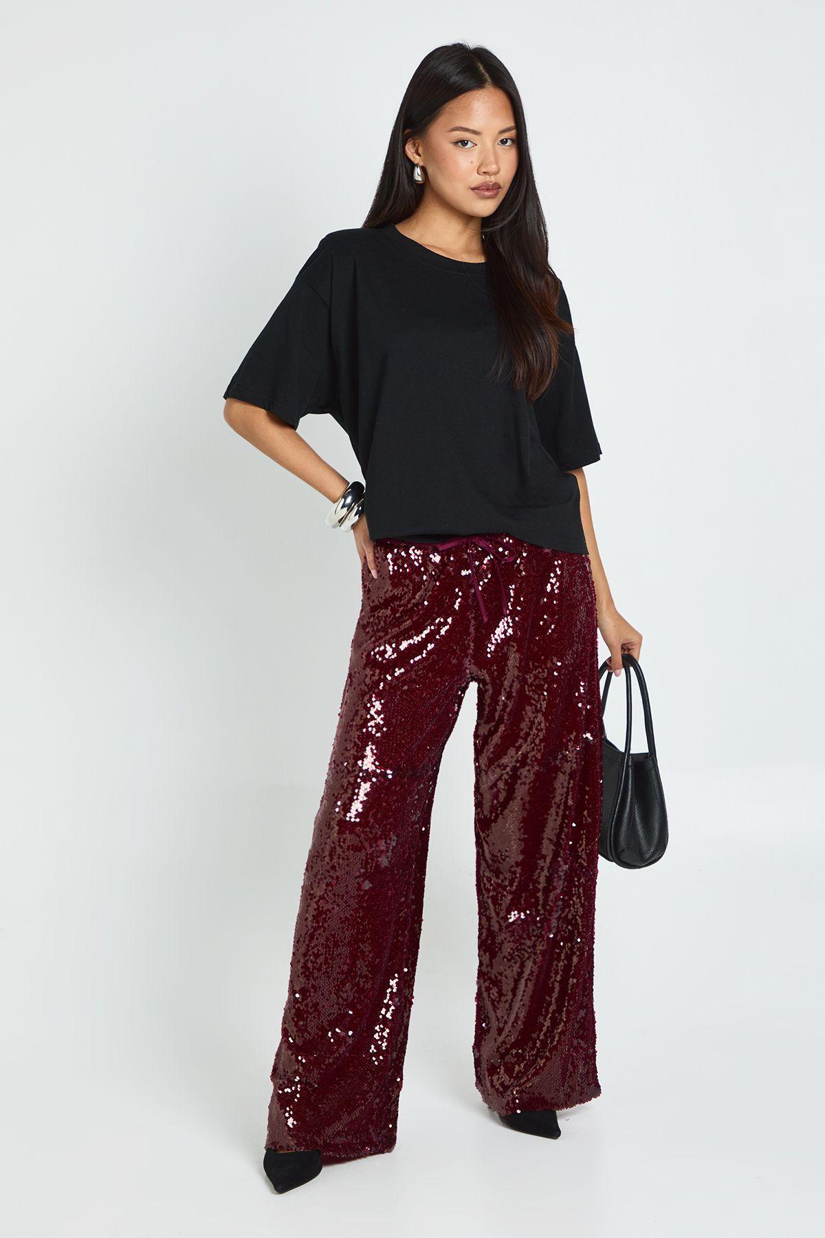 Petite Low Rise Drawcord Waistband Sequin Trouser by BOOHOO