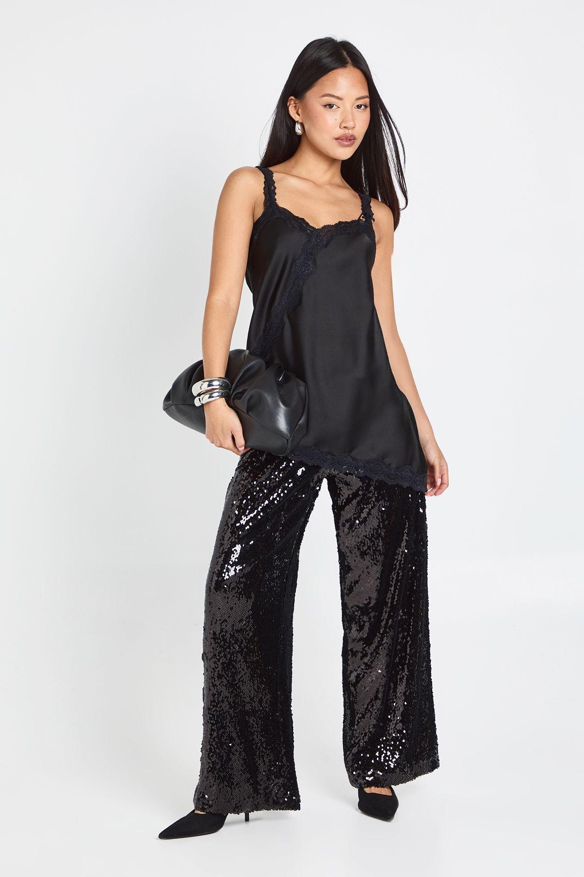 Petite Low Rise Drawcord Waistband Sequin Trouser by BOOHOO