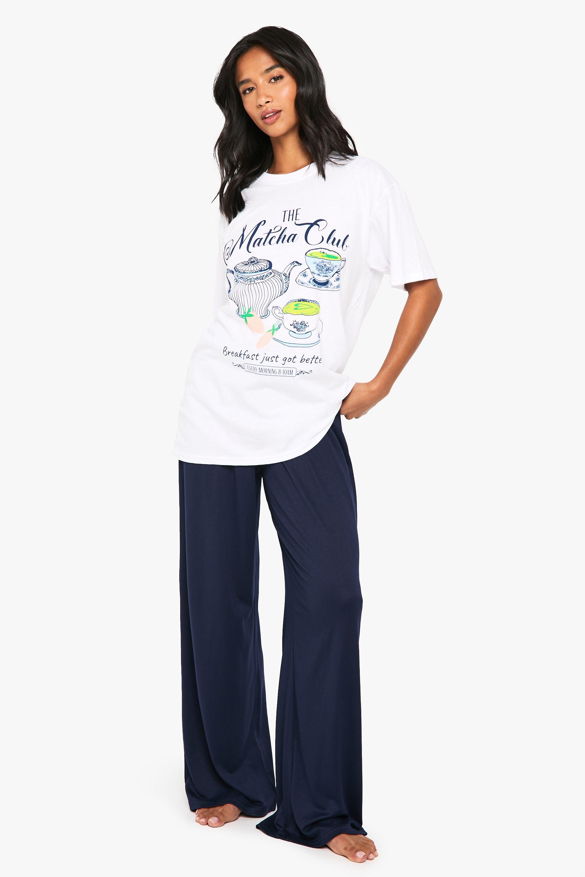 Petite 'Matcha Club' Graphic T-Shirt & Trousers Pyjama Set by BOOHOO