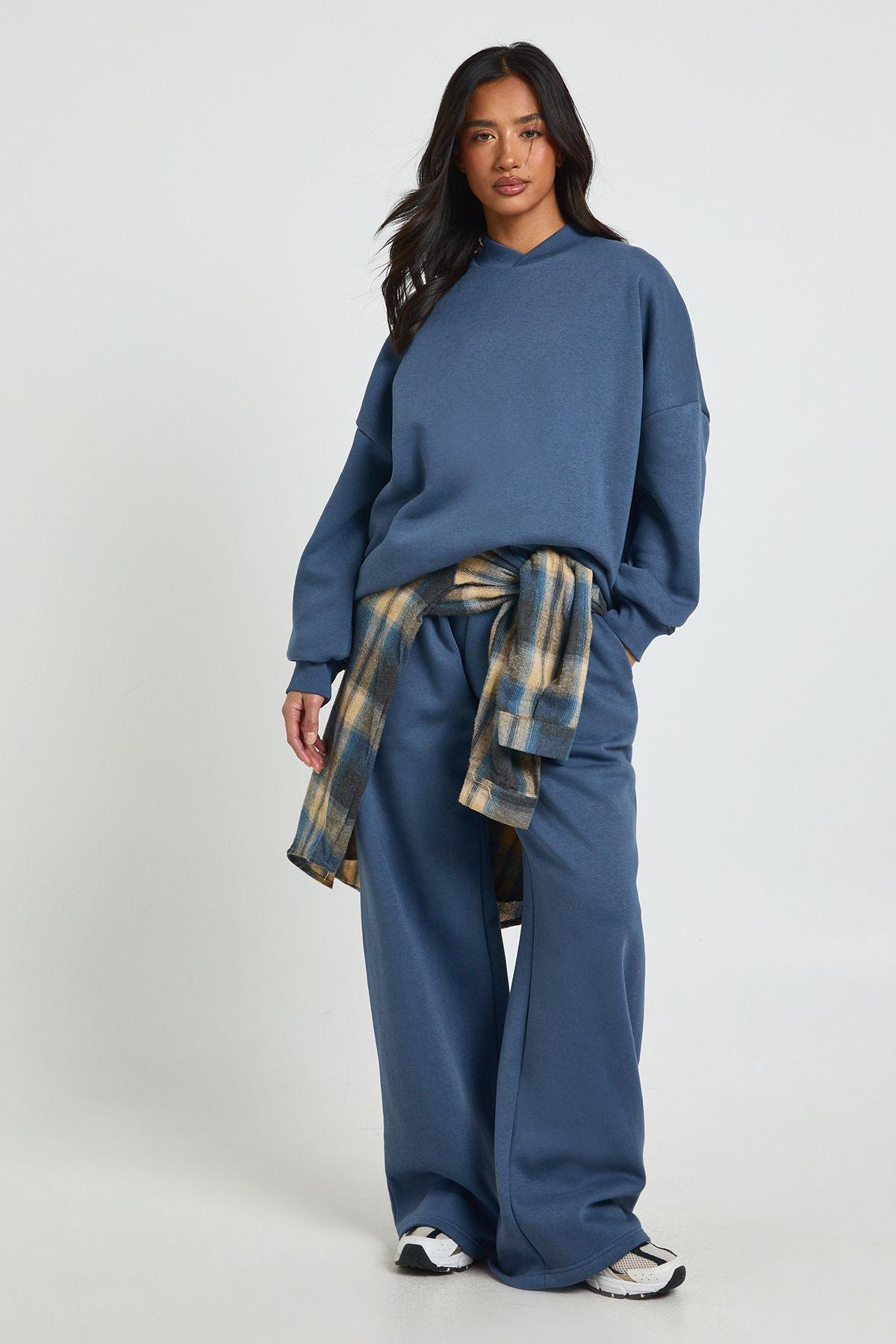 Petite Neck Detail Sweatshirt Wide Leg Tracksuit Tracksuit by BOOHOO