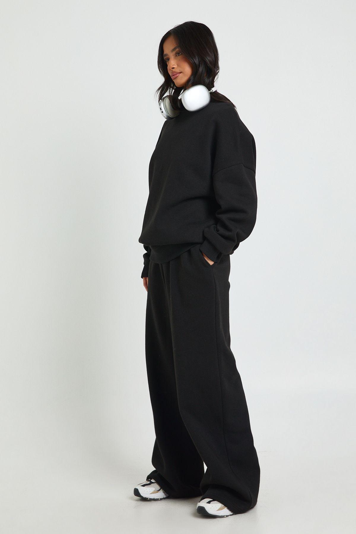 Petite Neck Detail Sweatshirt Wide Leg Tracksuit Tracksuit by BOOHOO