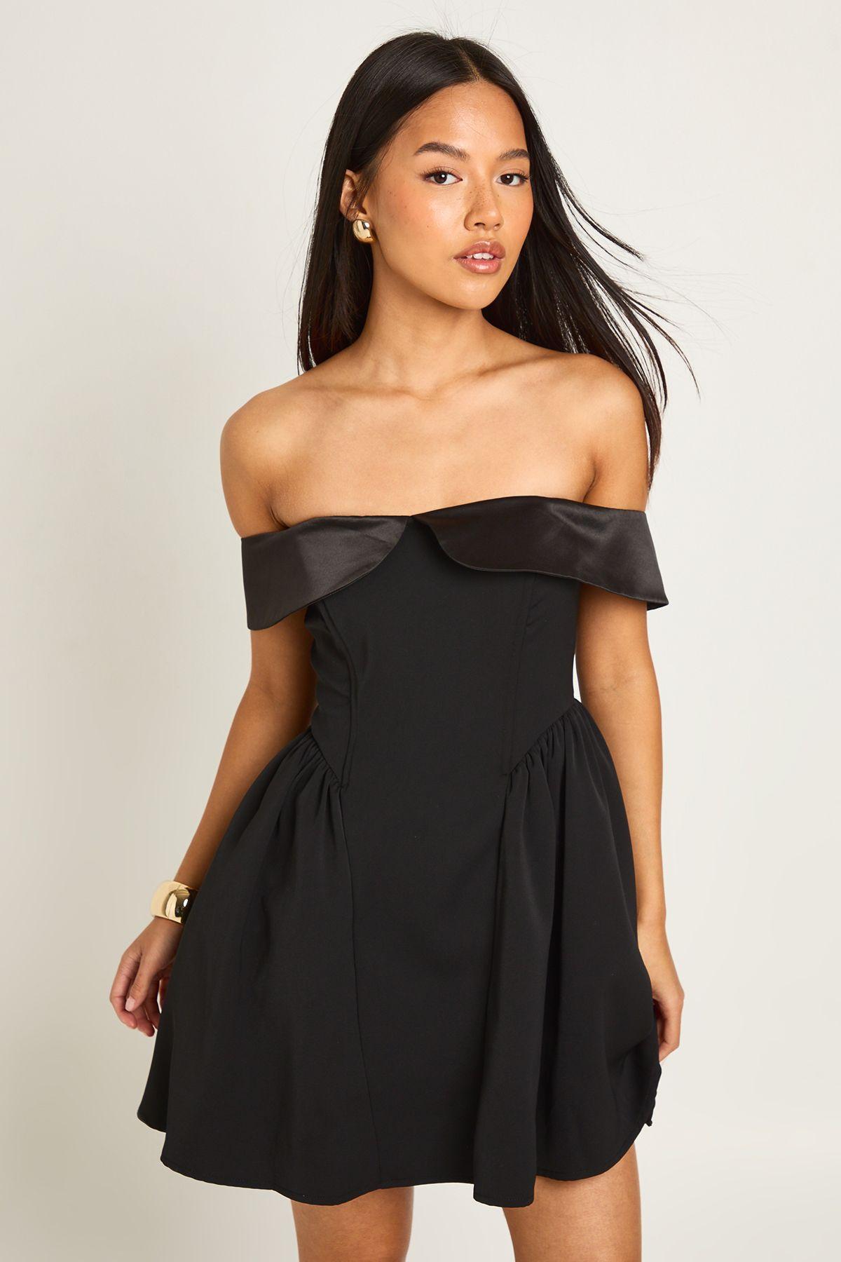 Petite Off The Shoulder Skater Mini Dress by BOOHOO