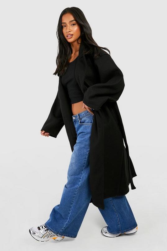 Petite Oversized Belted Button Through Wool Look Coat by BOOHOO