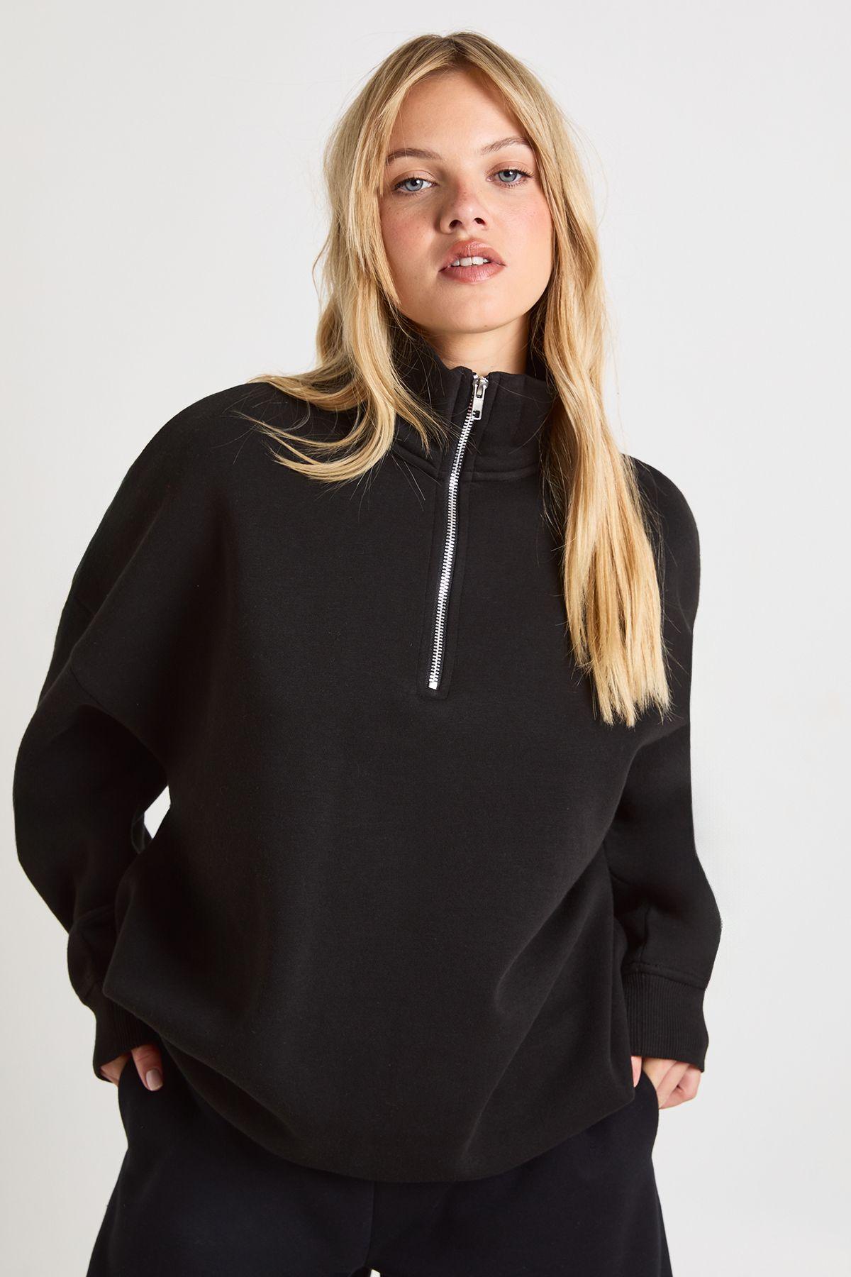 Petite Oversized Half Zip Sweatshirt by BOOHOO