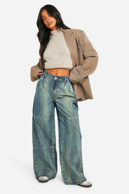 Petite Panelled Vintage Wash Wide Leg Jean by BOOHOO