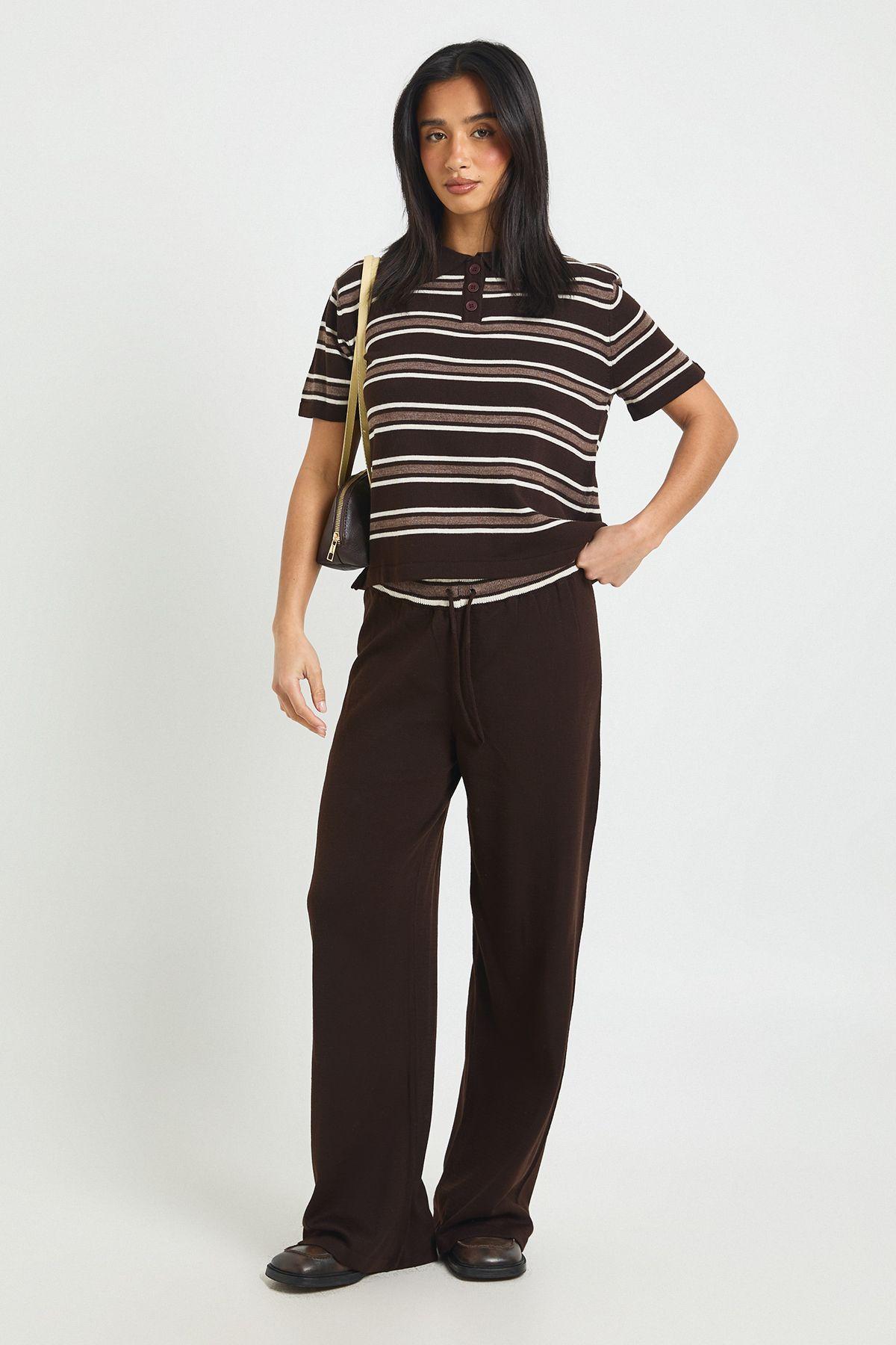Petite Placket Collar Short Sleeve Stripe Knitted Top And Trouser by BOOHOO