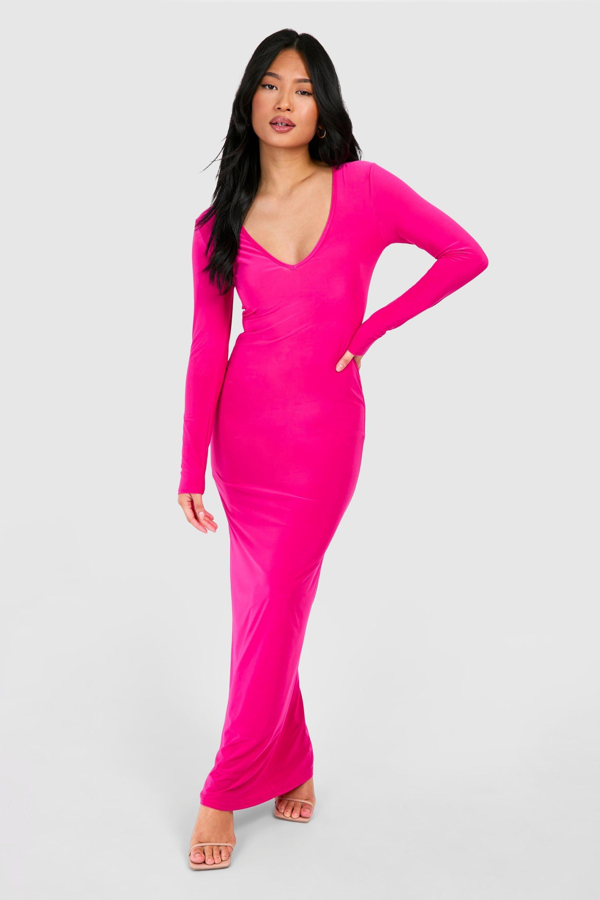 Petite Plunge Neck Slinky Maxi Dress by BOOHOO