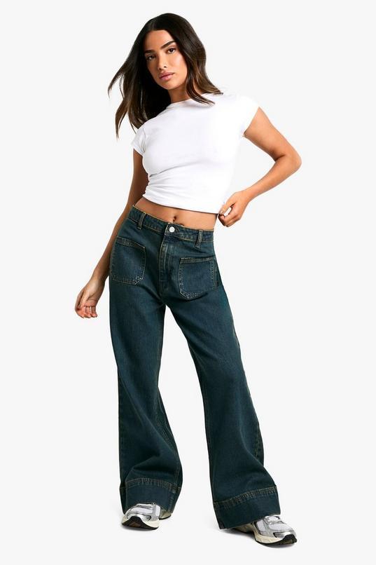 Petite Pocket Detail Flare Leg Jean, by BOOHOO