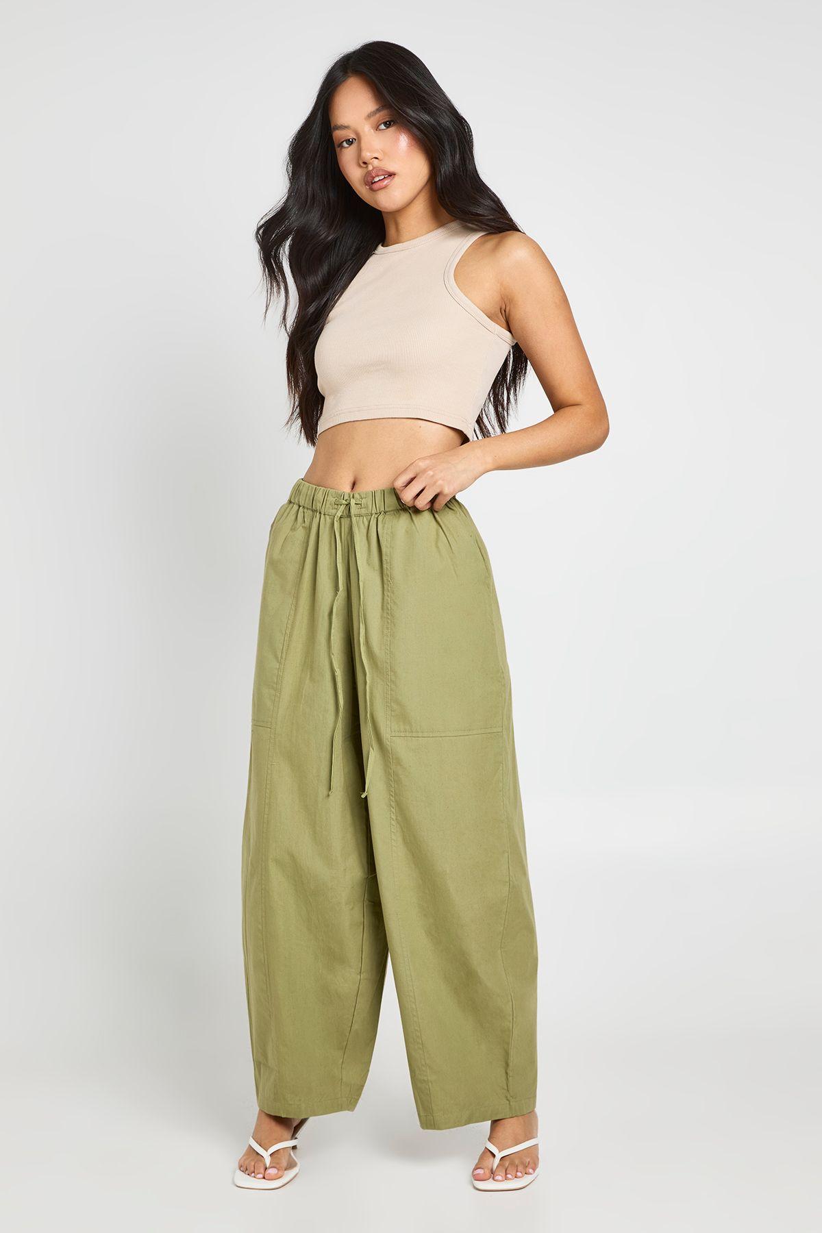 Petite Poplin Drawcord Barrel Leg Poplin Trouser by BOOHOO