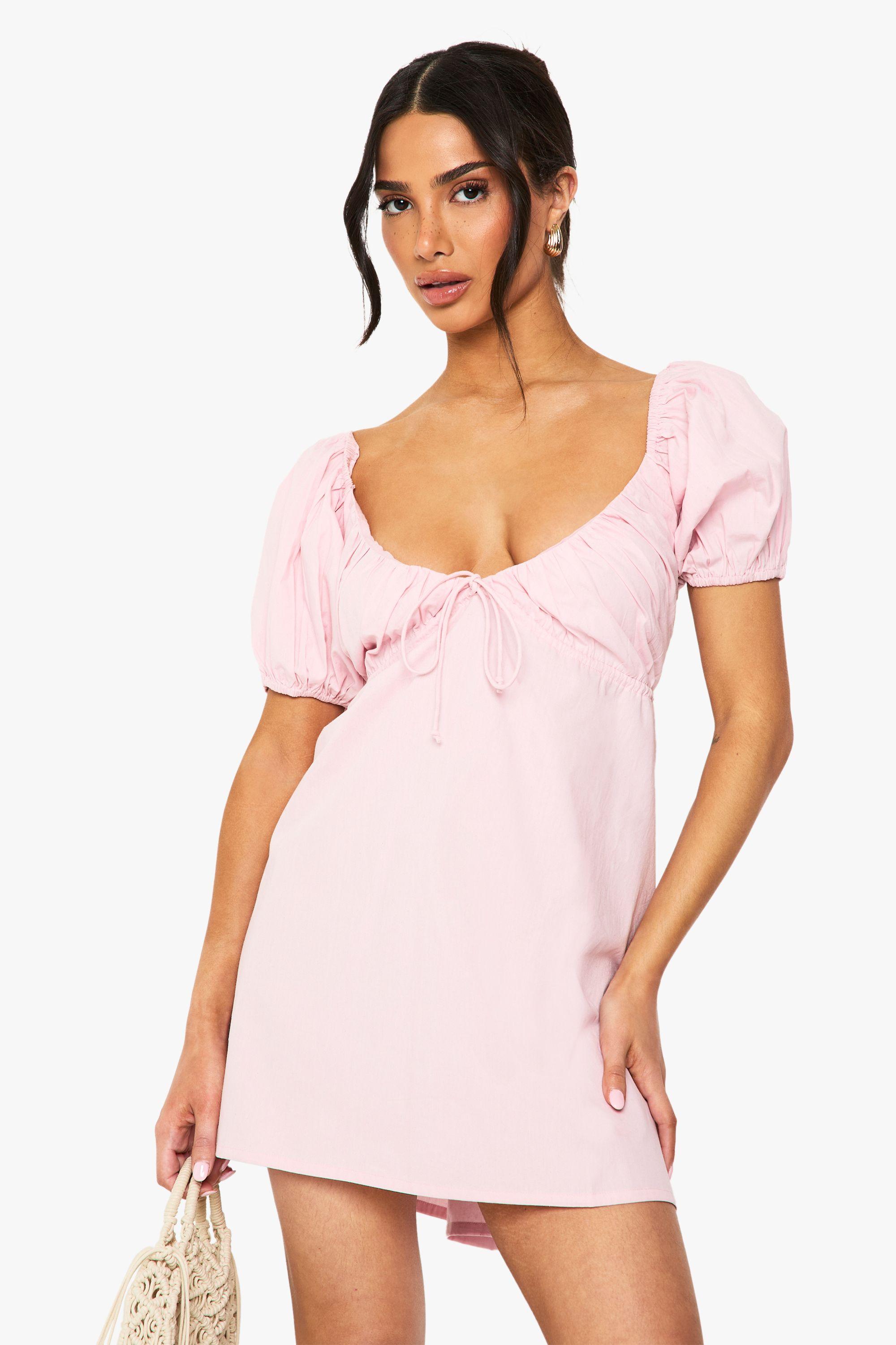 Petite Poplin Puff Sleeve Mini Dress by BOOHOO