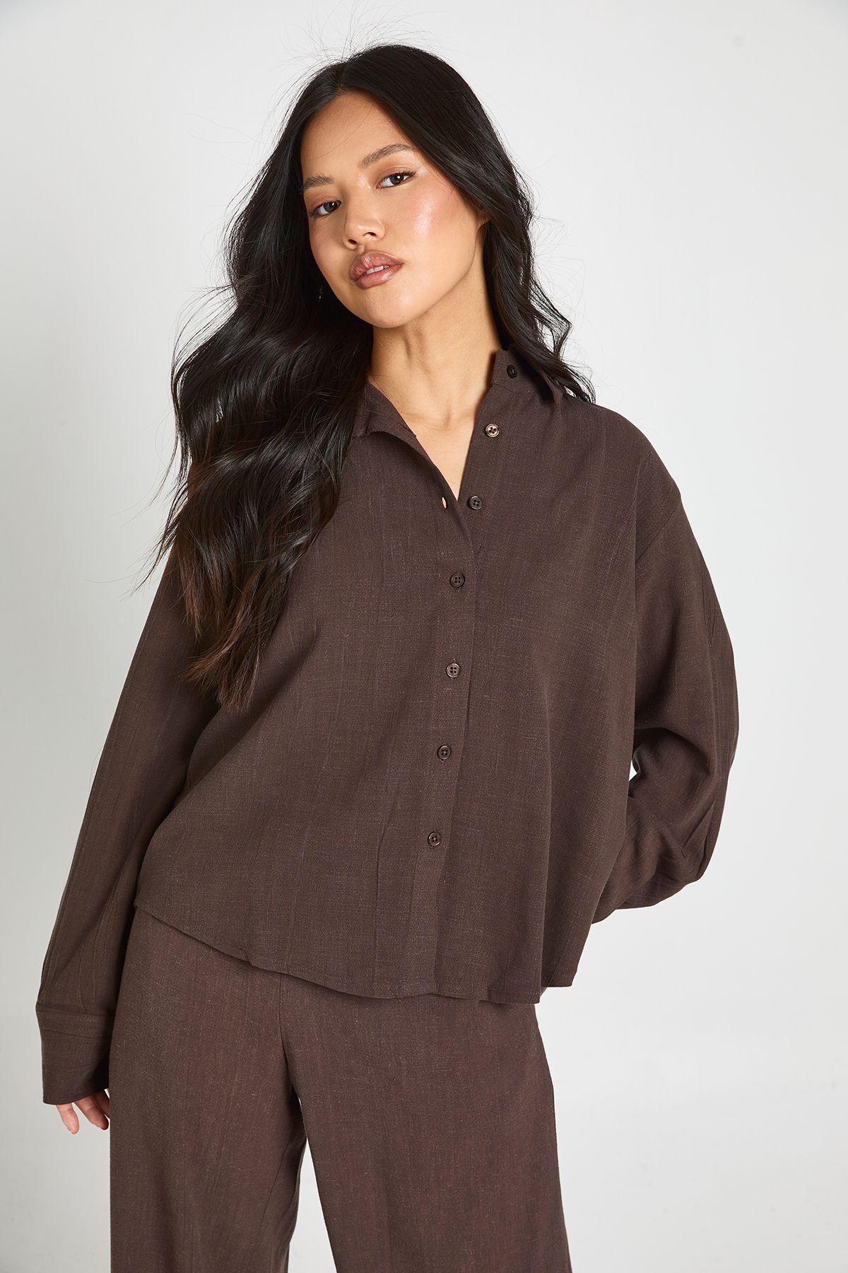 Petite Premium Linen Oversized Shirt by BOOHOO