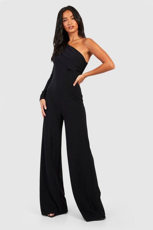Petite Premium Slinky Shoulder Pad One Sleeve Jumpsuit by BOOHOO