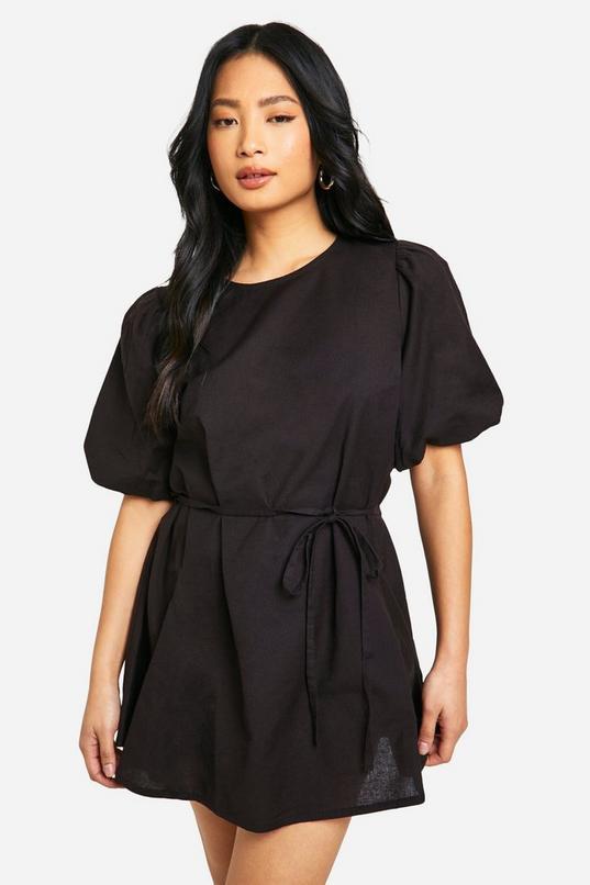 Petite Puff Sleeve Tie Waist Linen Look Smock Dress by BOOHOO Petite Puff Sleeve Tie Waist Linen Look Smock Dress by BOOHOO