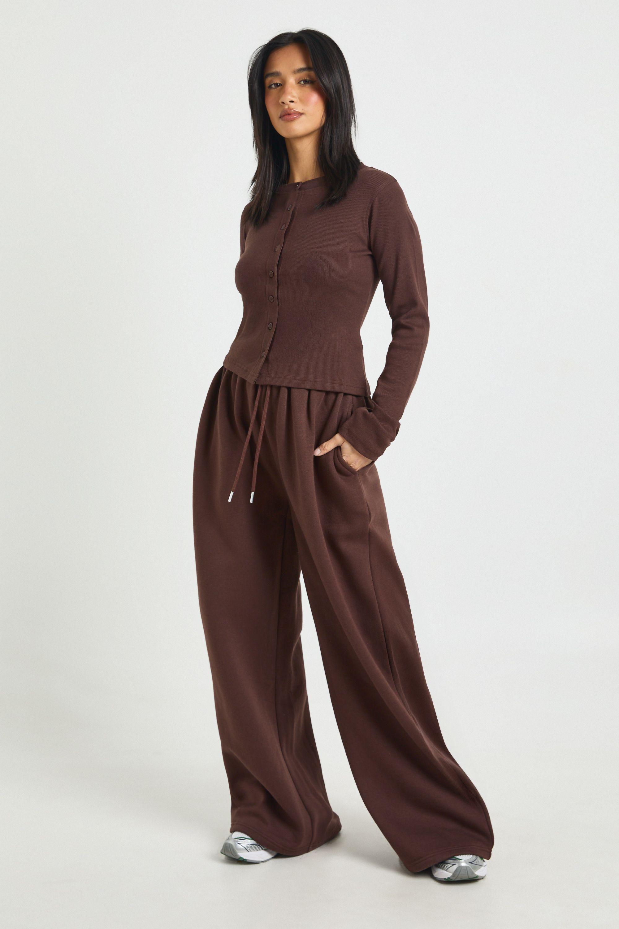 Petite Rib Button Through Long Sleeve Top Tracksuit by BOOHOO