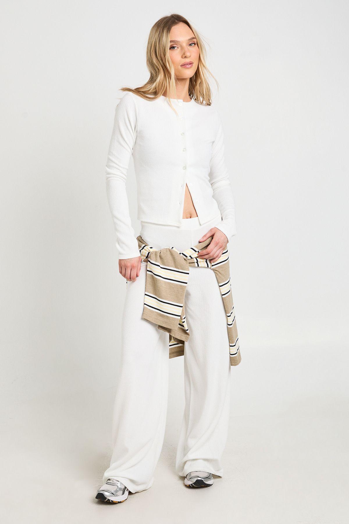 Petite Rib Button Through Long Sleeve Top and Wide Leg Trouser Co-ord by BOOHOO