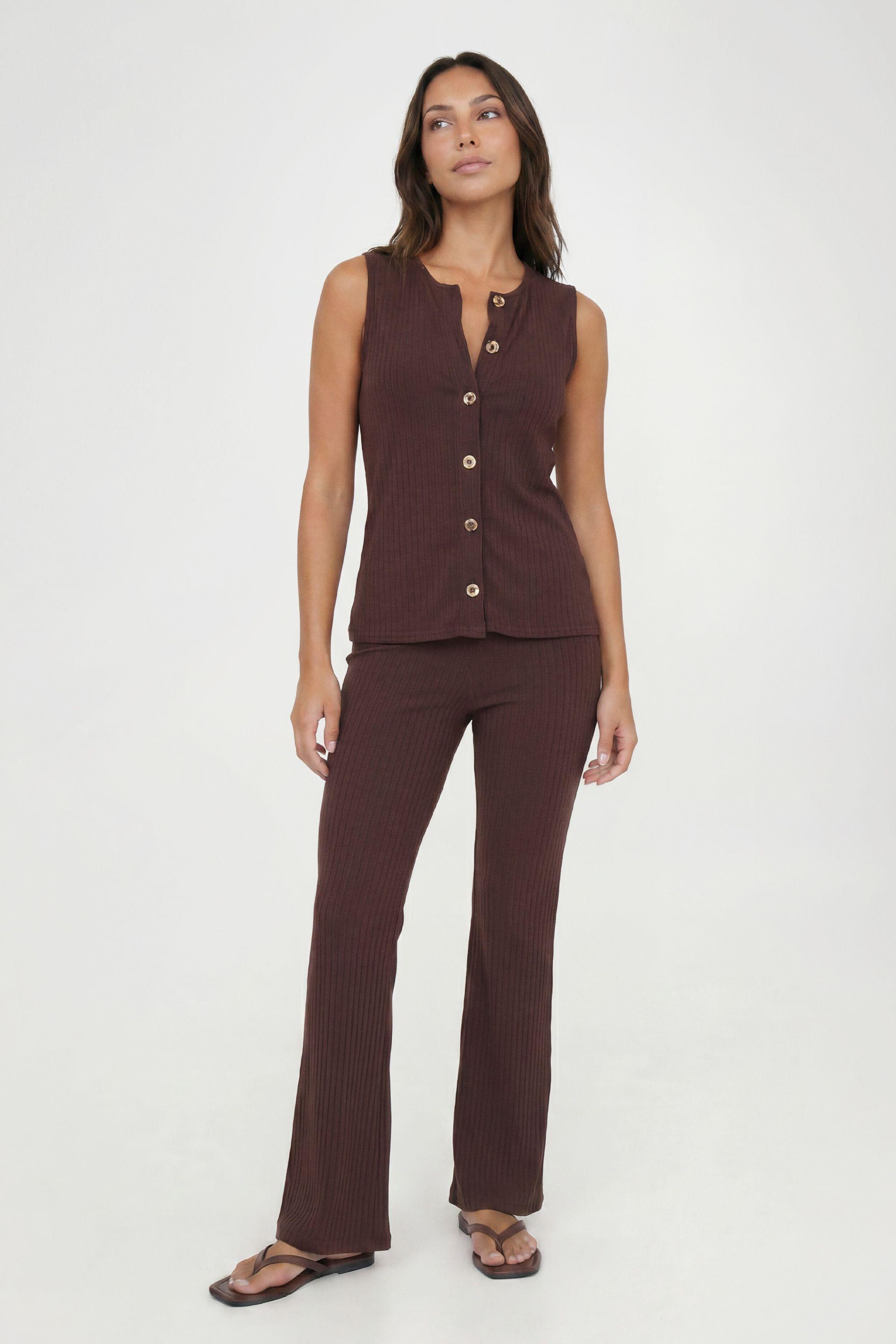 Petite Rib Button Through Sleeveless Top and Trouser Set by BOOHOO