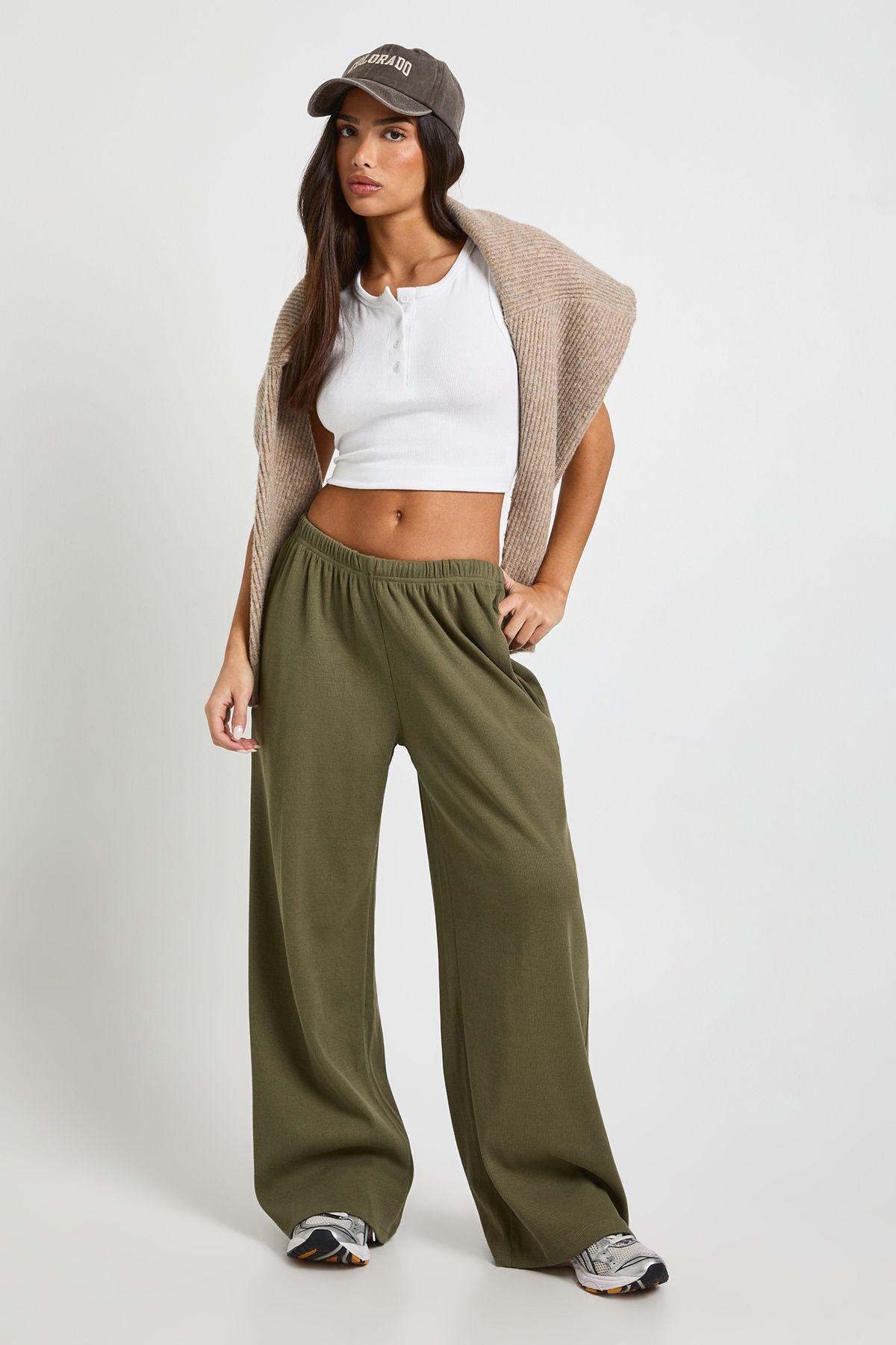 Petite Rib Wide Leg Trouser by BOOHOO