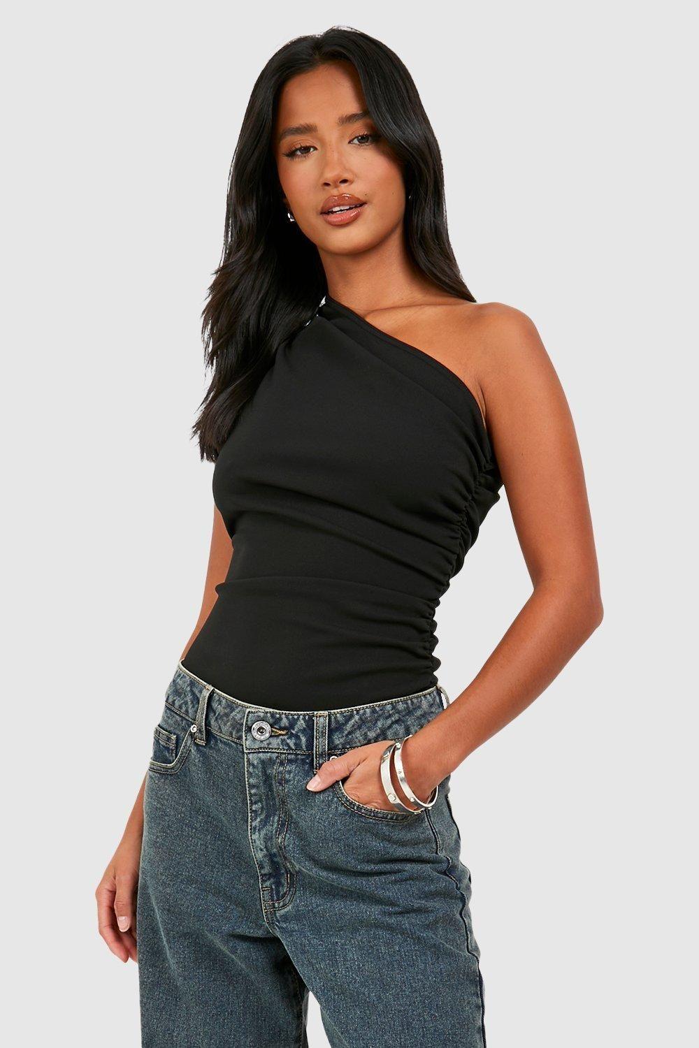 Petite Ruched Asymmetric Neck Bodysuit by BOOHOO
