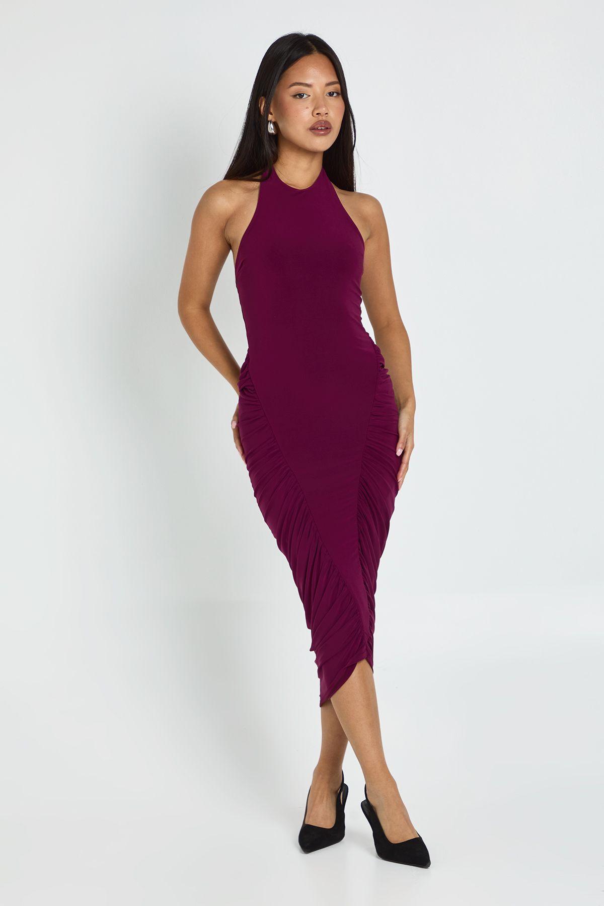 Petite Ruched Panel Halterneck Midaxi Dress by BOOHOO