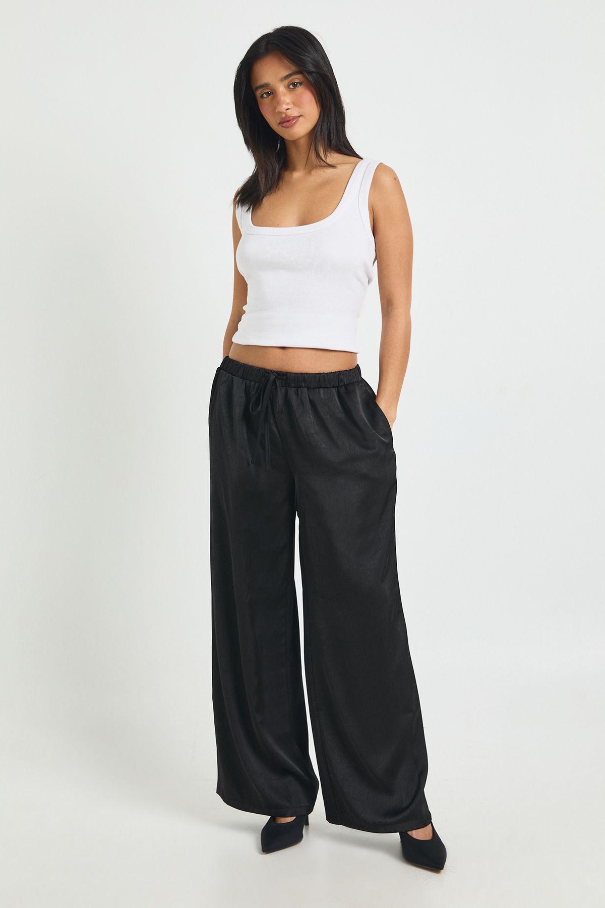 Petite Satin Elasticated Waist Wide Leg Trouser by BOOHOO